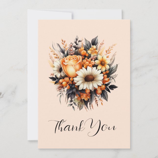 Orange Yellow Grey Flower Bouquet Thank You Card (Front)