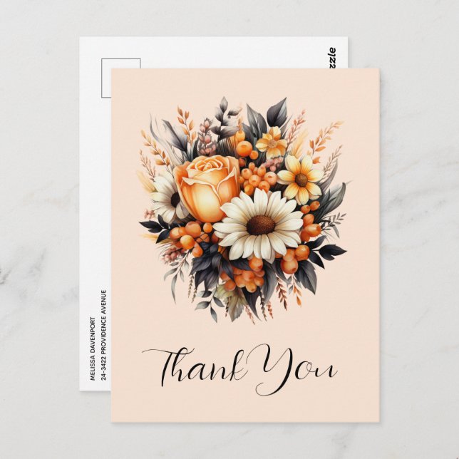 Orange Yellow Grey Flower Bouquet Thank You Postcard (Front/Back)