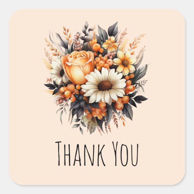 Orange Yellow Grey Flower Bouquet Thank You Square Sticker (Front)