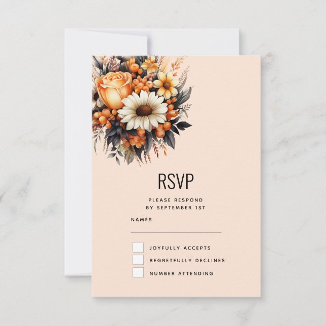 Orange Yellow Grey Flower Bouquet Wedding RSVP Card (Front)