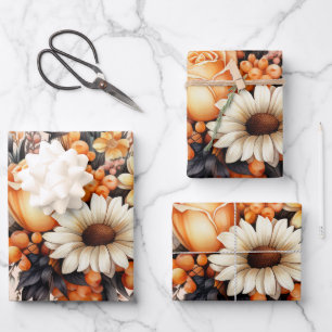Orange Yellow Grey Flower Bouquet Wrapping Paper Sheet