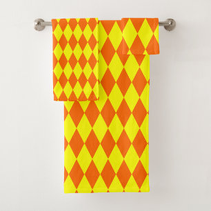 Orange Yellow Harlequin Checkered Design Bath Towel Set