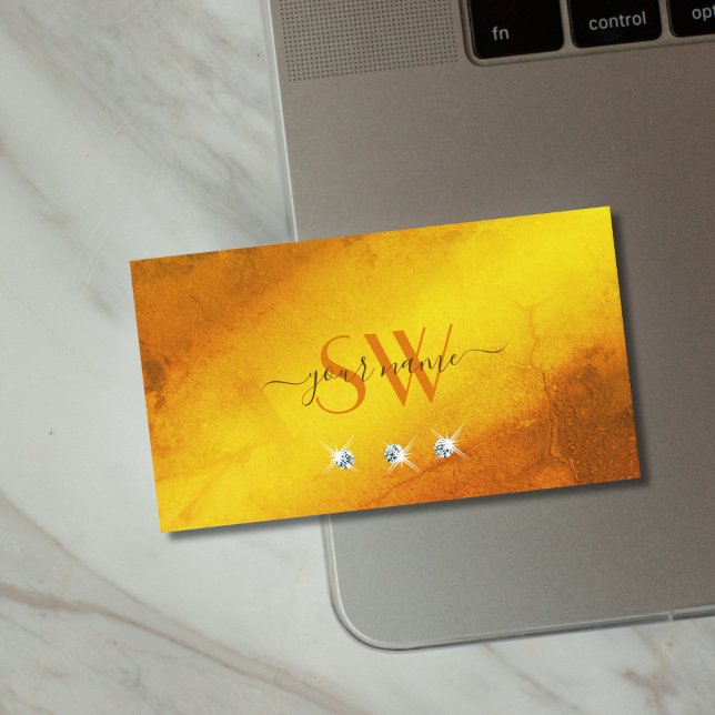 Orange Yellow Marble Sparkling Diamonds Initials Business Card (Creator Uploaded)