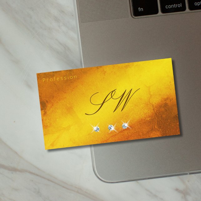 Orange Yellow Marble Sparkling Diamonds Monogram Business Card (Creator Uploaded)