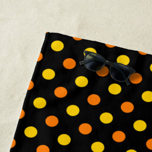 Orange Yellow On Black Polka Dots Design Beach Towel