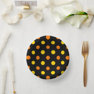 Orange Yellow On Black Polka Dots Design Paper Plate