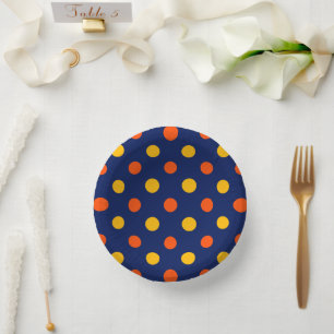 Orange Yellow On Blue Polka Dots Design Paper Plate