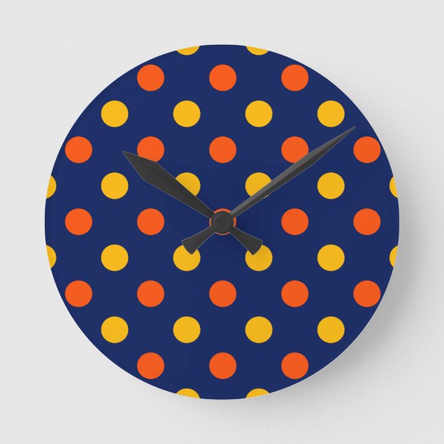 Orange Yellow On Blue Polka Dots Design  Round Clock (Front)