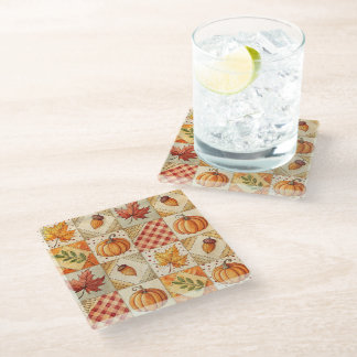 ORANGE & YELLOW PATCHWORK LOOK FALL PUMPKINS GLASS COASTER