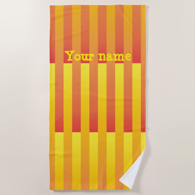 Orange Yellow Personalise Striped Pattern Beach Towel (Front)