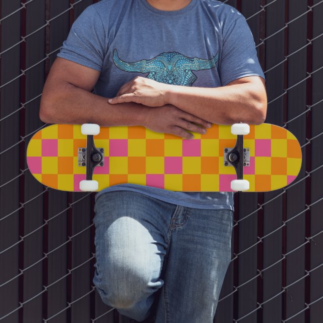 Orange Yellow Pink Checkered Pattern Design  Skateboard (Outdoor 3)