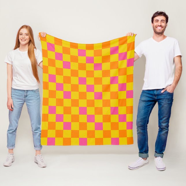 Orange Yellow Pink Chequered Pattern Design  Fleece Blanket (In Situ)