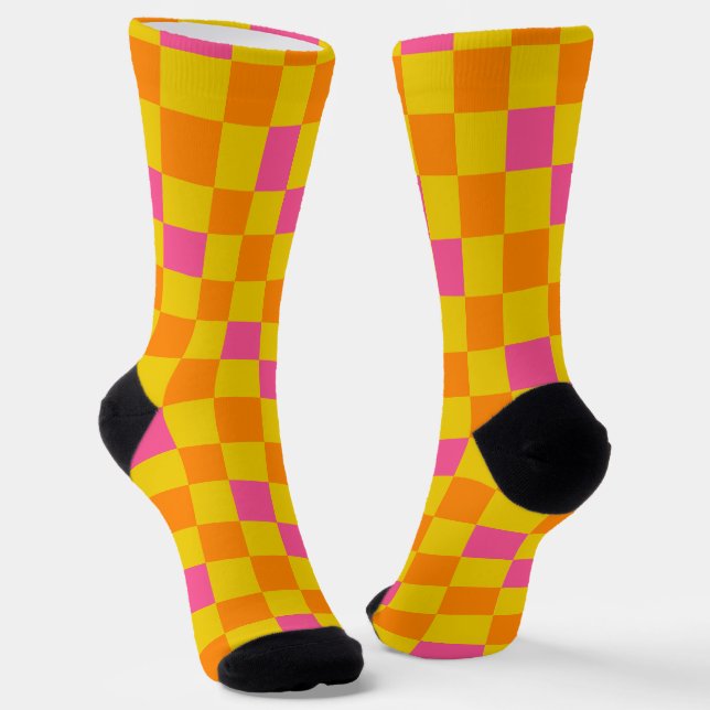 Orange Yellow Pink Chequered Pattern Design  Socks (Angled)