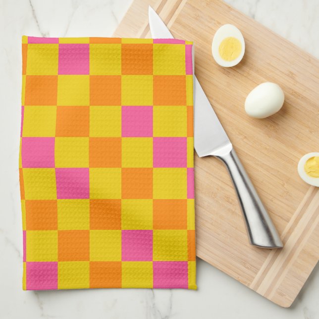 Orange Yellow Pink Chequered Pattern Design  Tea Towel (Quarter Fold)
