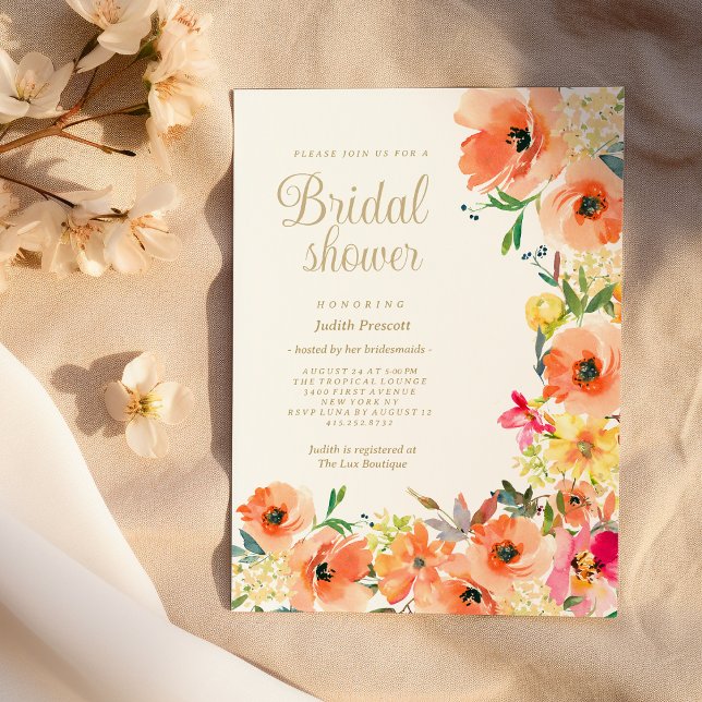 Orange yellow pink floral summer Bridal Shower  Invitation (Orange yellow pink floral summer Bridal Shower)