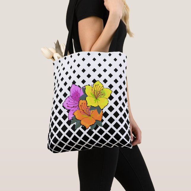 Orange Yellow Pink Flowers on Black White Graphic Tote Bag (Close Up)
