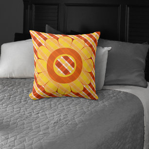 Orange Yellow Plaid Floral Spring Throw Pillow