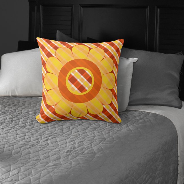 Orange Yellow Plaid Floral Spring Throw Pillow (Creator Uploaded)