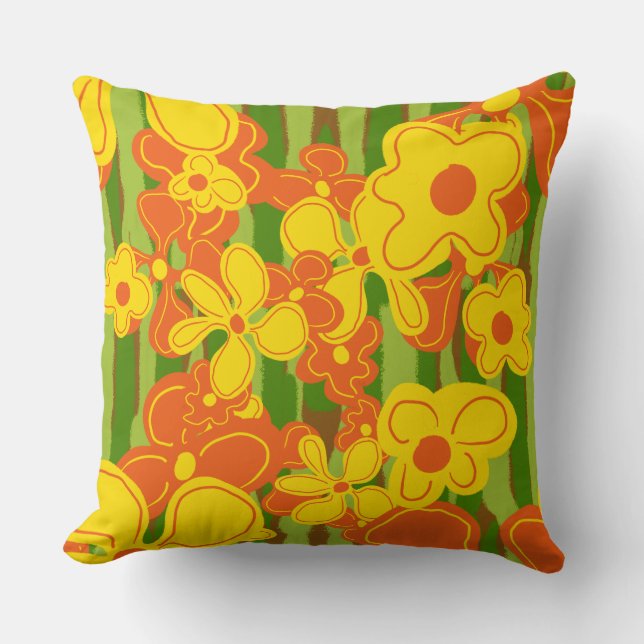 Orange Yellow Retro Flowers on Striped Green Cushion (Front)