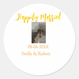 Orange yellow retro photo happily married couple classic round sticker