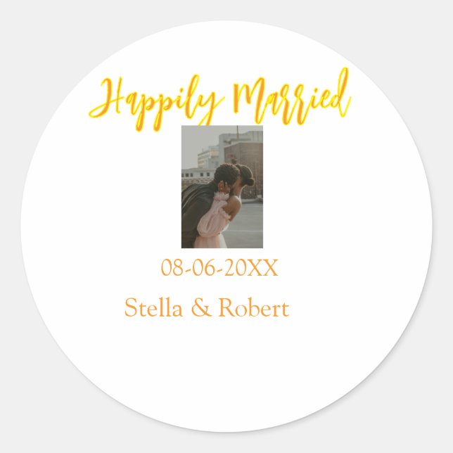 Orange yellow retro photo happily married couple classic round sticker (Front)