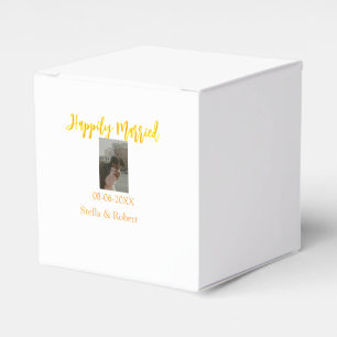 Orange yellow retro photo happily married couple favour box