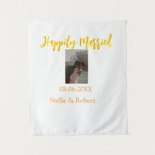 Orange yellow retro photo happily married couple tapestry