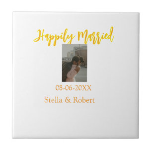 Orange yellow retro photo happily married couple tile