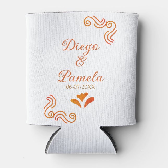 orange yellow rustic spanish wedding couple name can cooler (Front)