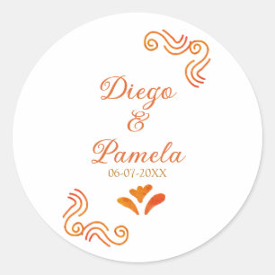 orange yellow rustic spanish wedding couple name classic round sticker
