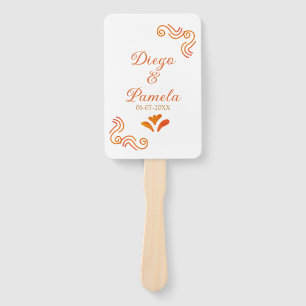 orange yellow rustic spanish wedding couple name hand fan