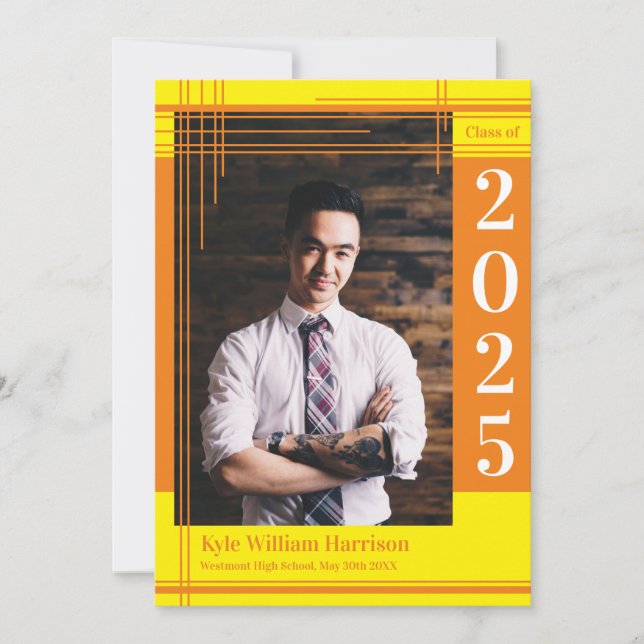 Orange Yellow School Colour Graduation Photo Plaid Invitation (Front)