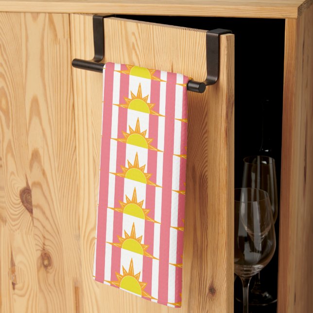 Orange Yellow Suns on Pink Stripes Tea Towel (Thirds Fold)