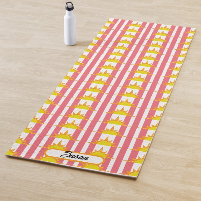 Orange Yellow Suns on Pink Stripes Yoga Mat (In Situ)