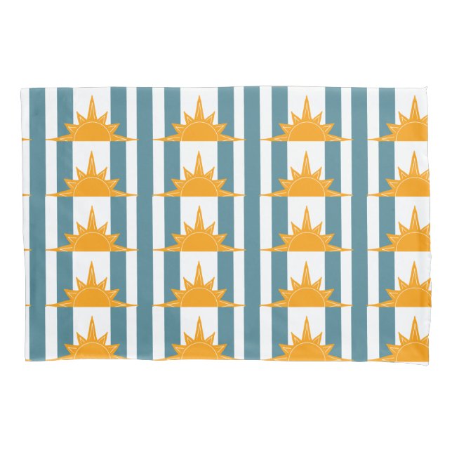 Orange Yellow Suns on Teal Stripes Pillowcase (Front-Left)