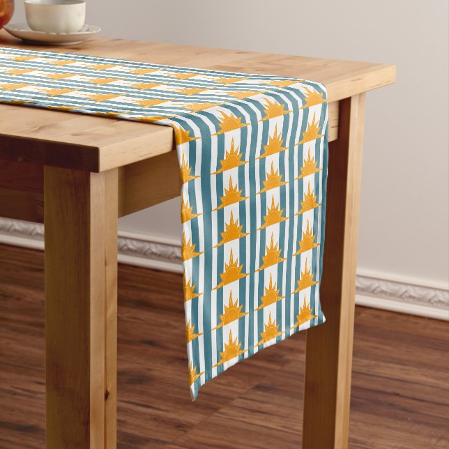 Orange Yellow Suns on Teal Stripes Short Table Runner (In Situ)