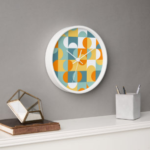 Orange Yellow Teal Blue Seafoam Retro Art Pattern Clock