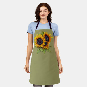 Orange yellow watercolor big sunflowers green apron