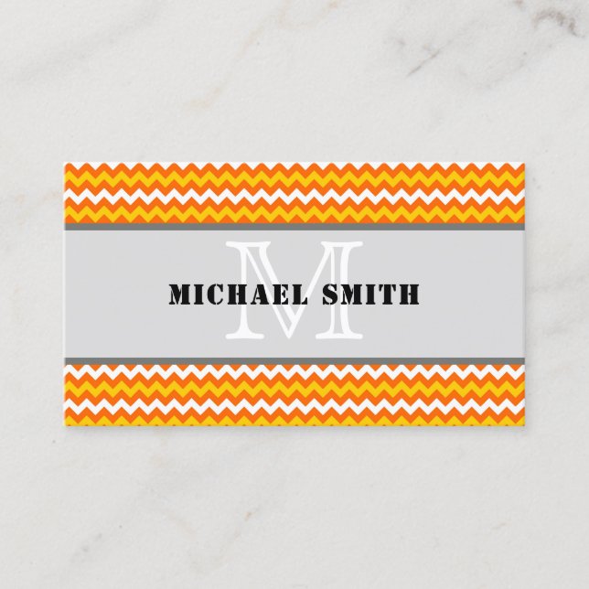 Orange Yellow White Chevron Zigzag Monogram Business Card (Front)