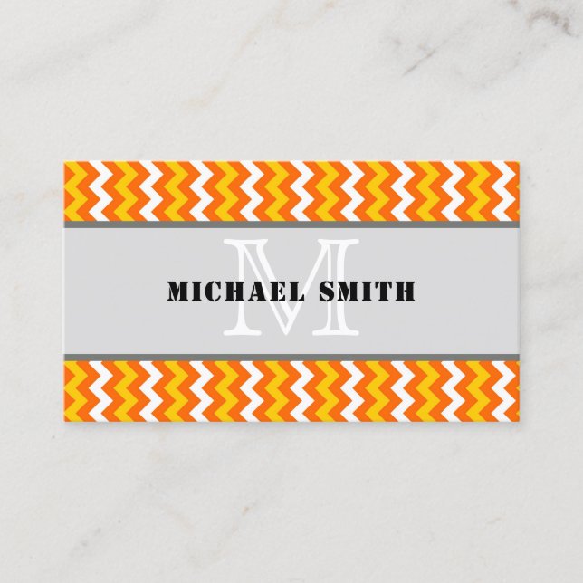 Orange Yellow White Chevron Zigzag Monogram Business Card (Front)