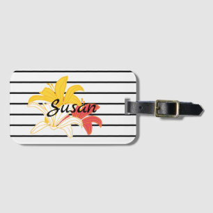 Orange Yellow White Flowers on Black White Stripe Luggage Tag