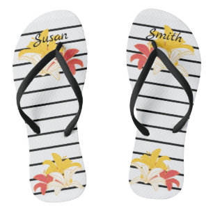 Orange Yellow White Flowers on Black White Stripes Jandals