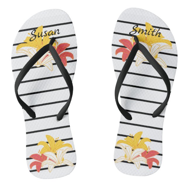 Orange Yellow White Flowers on Black White Stripes Jandals (Footbed)