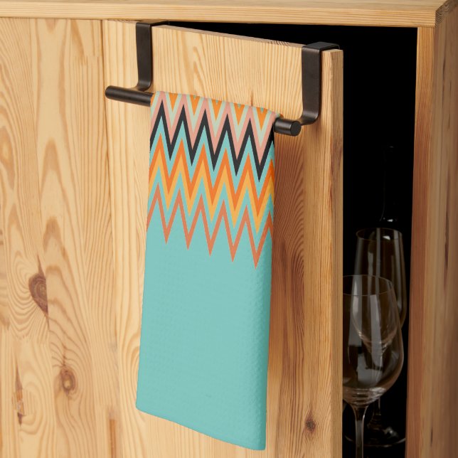Orange Yellow Zigzag Pattern on Teal Tea Towel (Thirds Fold)
