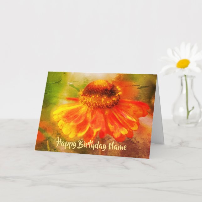 Orange Zinnia Floral Art Personalise Birthday Card (Small Plant)