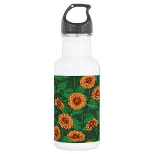 Orange Zinnia flowers, green leaves on dark green 532 Ml Water Bottle