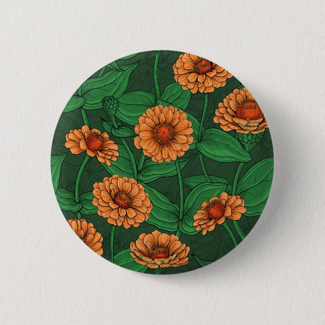 Orange Zinnia flowers, green leaves on dark green 6 Cm Round Badge (Front)