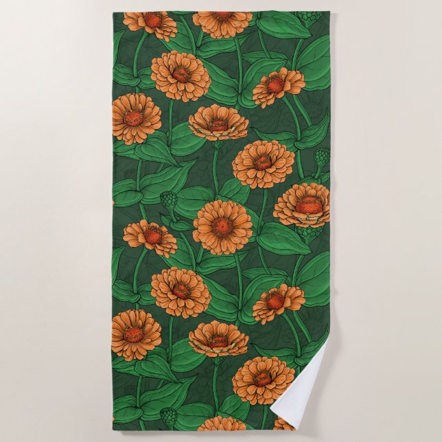 Orange Zinnia flowers, green leaves on dark green Beach Towel (Front)