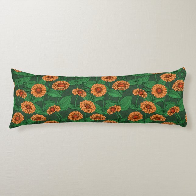 Orange Zinnia flowers, green leaves on dark green Body Cushion (Front)