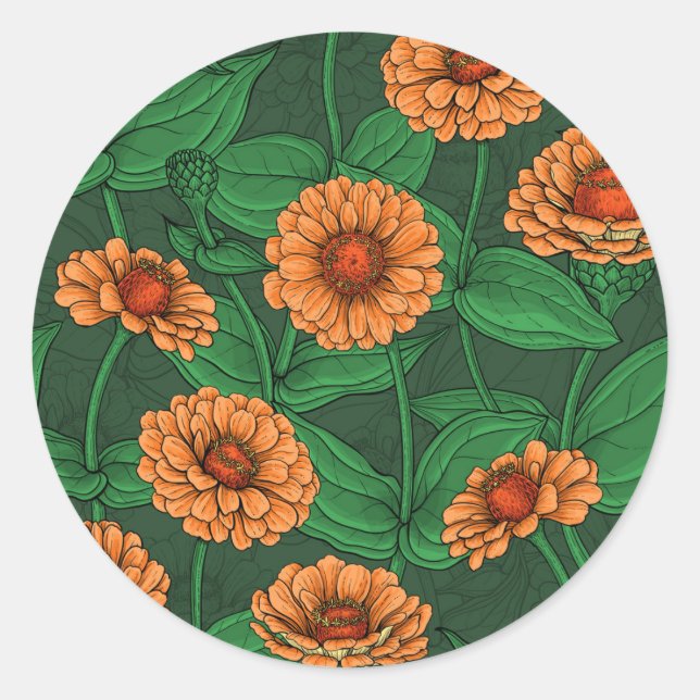 Orange Zinnia flowers, green leaves on dark green Classic Round Sticker (Front)